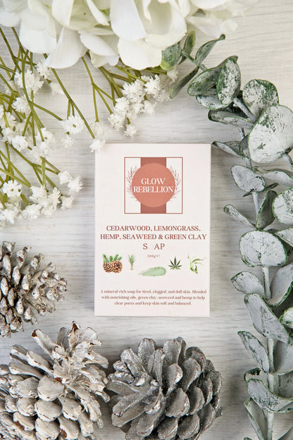 Cedarwood, Lemongrass, Hemp, Seaweed &amp; Green Clay Soap Bar Glow Rebellion